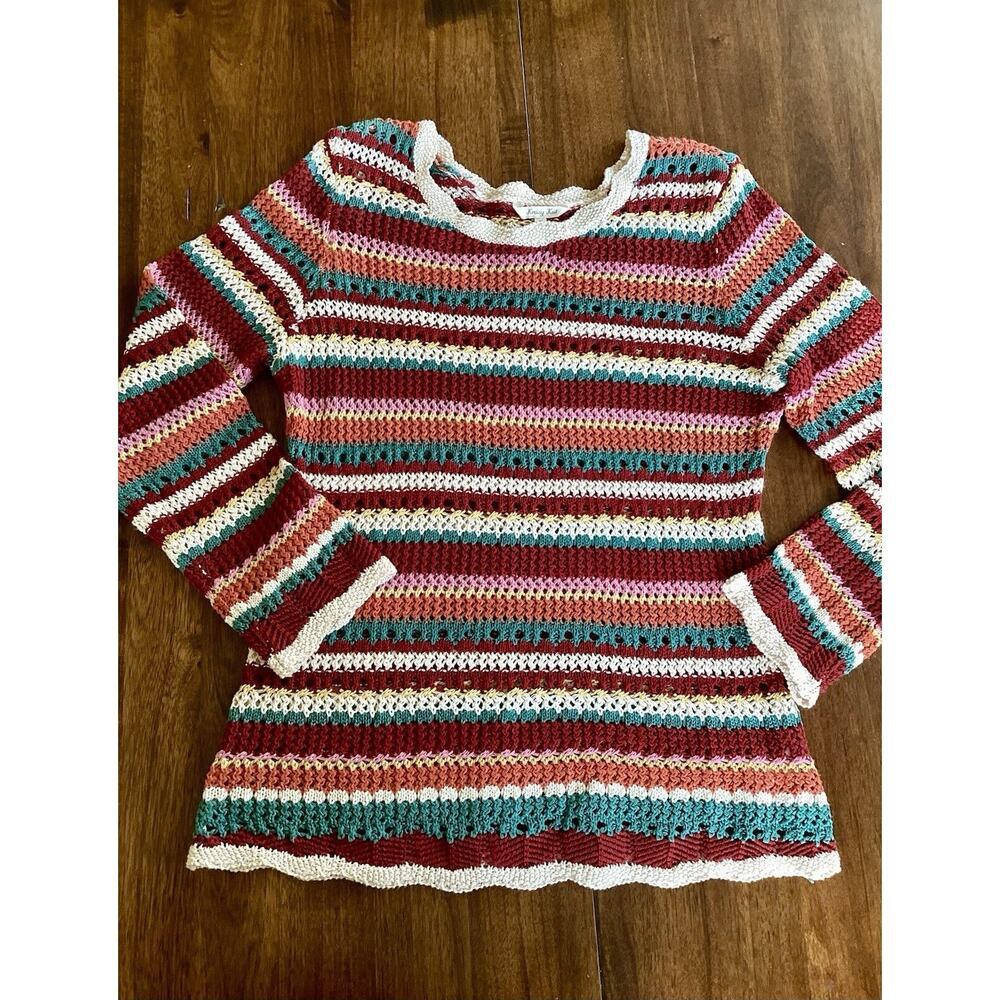 Krazy Kat Boho Pullover Crocheted Open Knit Striped Sweater Autumn Color Pallet